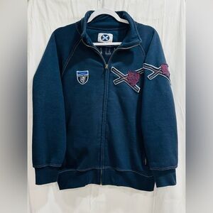 Navy Men's Zip-Up Cardigan with Crest Patches